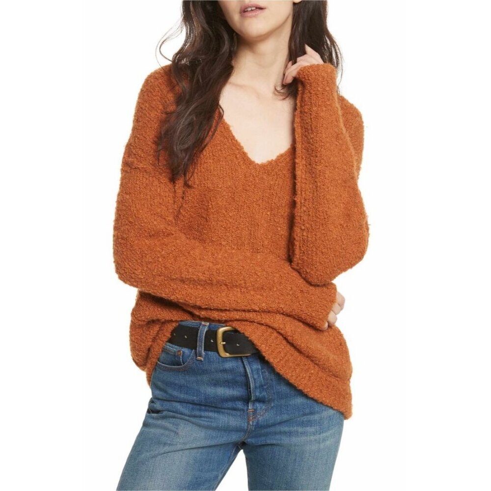 Free People Women Sweater Alpaca Oversized Fuzzy Knit Long Sleeve Deep V-Neck XS